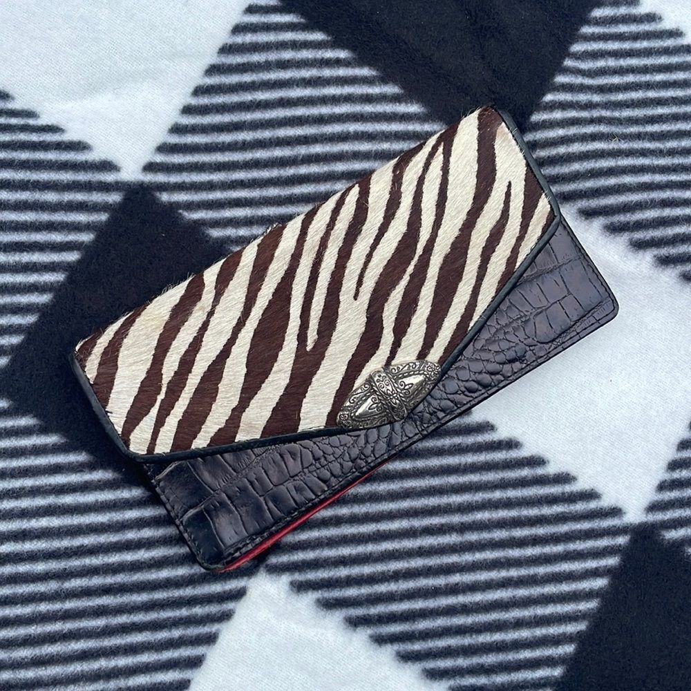 Brighton Brown and Cream Zebra Haircalf Continental Wallet with Black Croc Trim